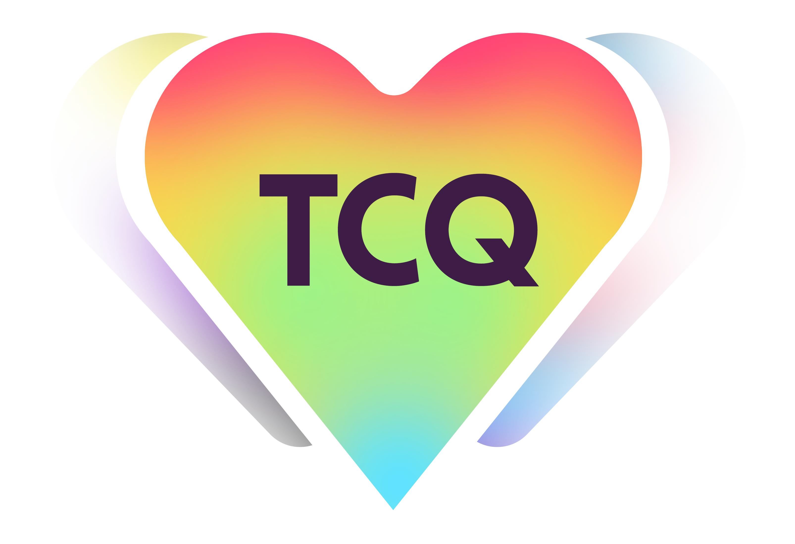 tcqueer.com logo: heart with rainbow gradient in the center, non-binary partial heart on its left, trans partial heart on its right